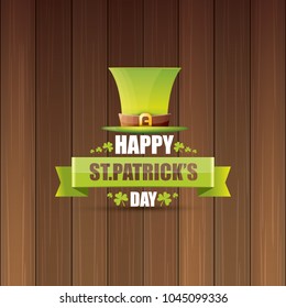 saint patrick's day label or poster with green hat, lucky clovers and vintage ribbon on abstract vintage wooden background. vector saint patriks day banner or greeting card