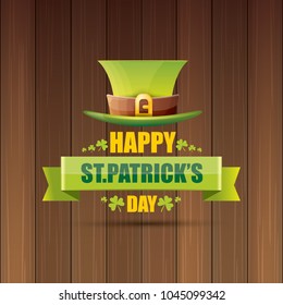 saint patrick's day label or poster with green hat, lucky clovers and vintage ribbon on abstract vintage wooden background. vector saint patriks day banner or greeting card