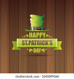 saint patrick's day label or poster with green hat, lucky clovers and vintage ribbon on abstract vintage wooden background. vector saint patriks day banner or greeting card