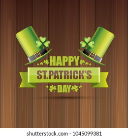 saint patrick's day label or poster with green hat, lucky clovers and vintage ribbon on abstract vintage wooden background. vector saint patriks day banner or greeting card