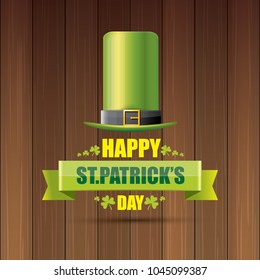 saint patrick's day label or poster with green hat, lucky clovers and vintage ribbon on abstract vintage wooden background. vector saint patriks day banner or greeting card