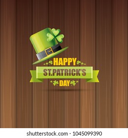 saint patrick's day label or poster with green hat, lucky clovers and vintage ribbon on abstract vintage wooden background. vector saint patriks day banner or greeting card