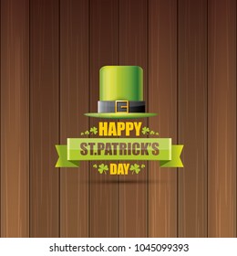 saint patrick's day label or poster with green hat, lucky clovers and vintage ribbon on abstract vintage wooden background. vector saint patriks day banner or greeting card