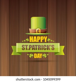 saint patrick's day label or poster with green hat, lucky clovers and vintage ribbon on abstract vintage wooden background. vector saint patriks day banner or greeting card