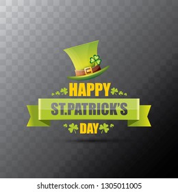 saint patrick's day label or poster with green hat, lucky clovers and vintage ribbon isolated on transparent background. vector saint patriks day banner or greeting card