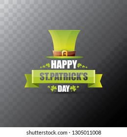 saint patrick's day label or poster with green hat, lucky clovers and vintage ribbon isolated on transparent background. vector saint patriks day banner or greeting card