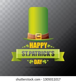 saint patrick's day label or poster with green hat, lucky clovers and vintage ribbon isolated on transparent background. vector saint patriks day banner or greeting card