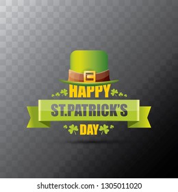 saint patrick's day label or poster with green hat, lucky clovers and vintage ribbon isolated on transparent background. vector saint patriks day banner or greeting card