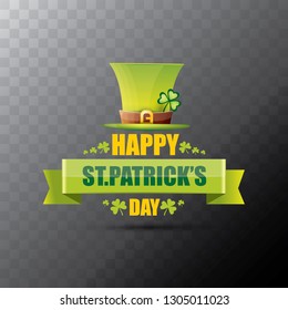 saint patrick's day label or poster with green hat, lucky clovers and vintage ribbon isolated on transparent background. vector saint patriks day banner or greeting card