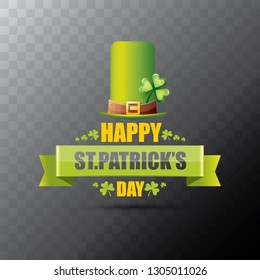 saint patrick's day label or poster with green hat, lucky clovers and vintage ribbon isolated on transparent background. vector saint patriks day banner or greeting card