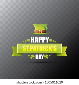 saint patrick's day label or poster with green hat, lucky clovers and vintage ribbon isolated on transparent background. vector saint patriks day banner or greeting card