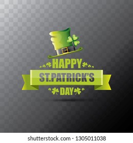 saint patrick's day label or poster with green hat, lucky clovers and vintage ribbon isolated on transparent background. vector saint patriks day banner or greeting card