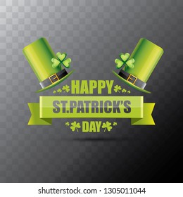 saint patrick's day label or poster with green hat, lucky clovers and vintage ribbon isolated on transparent background. vector saint patriks day banner or greeting card