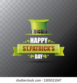 saint patrick's day label or poster with green hat, lucky clovers and vintage ribbon isolated on transparent background. vector saint patriks day banner or greeting card