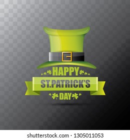 saint patrick's day label or poster with green hat, lucky clovers and vintage ribbon isolated on transparent background. vector saint patriks day banner or greeting card
