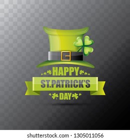 saint patrick's day label or poster with green hat, lucky clovers and vintage ribbon isolated on transparent background. vector saint patriks day banner or greeting card