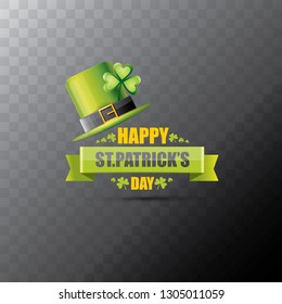 saint patrick's day label or poster with green hat, lucky clovers and vintage ribbon isolated on transparent background. vector saint patriks day banner or greeting card