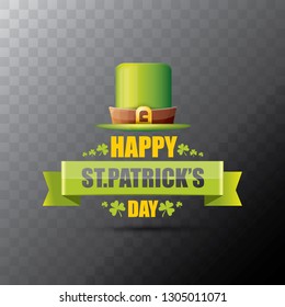 saint patrick's day label or poster with green hat, lucky clovers and vintage ribbon isolated on transparent background. vector saint patriks day banner or greeting card