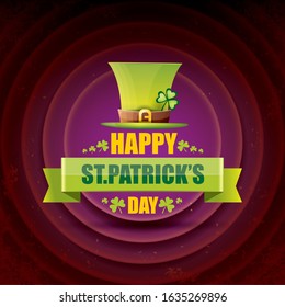 saint patrick's day label or poster with green hat, lucky clovers and vintage ribbon isolated on violet background. vector saint patriks day banner or greeting card