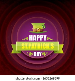 saint patrick's day label or poster with green hat, lucky clovers and vintage ribbon isolated on violet background. vector saint patriks day banner or greeting card