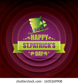 saint patrick's day label or poster with green hat, lucky clovers and vintage ribbon isolated on violet background. vector saint patriks day banner or greeting card