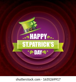 saint patrick's day label or poster with green hat, lucky clovers and vintage ribbon isolated on violet background. vector saint patriks day banner or greeting card