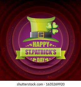 saint patrick's day label or poster with green hat, lucky clovers and vintage ribbon isolated on violet background. vector saint patriks day banner or greeting card