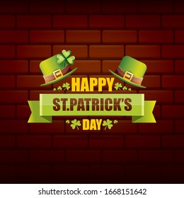 saint patrick's day label or poster with green hat, lucky clovers and vintage ribbon isolated on brick wall background. vector saint patriks day banner or greeting card
