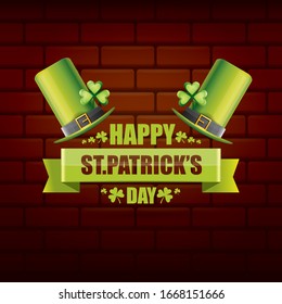 saint patrick's day label or poster with green hat, lucky clovers and vintage ribbon isolated on brick wall background. vector saint patriks day banner or greeting card