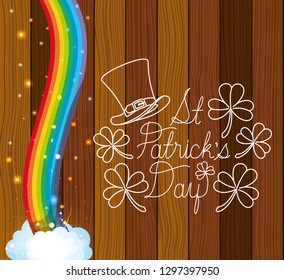 saint patricks day label with rainbow and wooden background