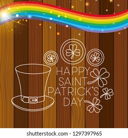 saint patricks day label with rainbow and wooden background