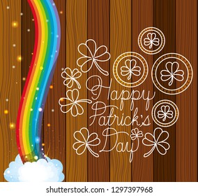 saint patricks day label with rainbow and wooden background