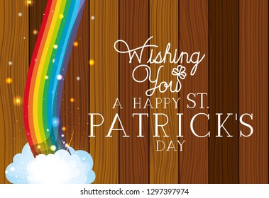 saint patricks day label with rainbow and wooden background