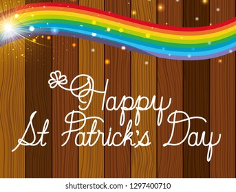 saint patricks day label with rainbow and wooden background