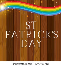 saint patricks day label with rainbow and wooden background