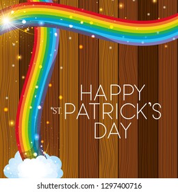saint patricks day label with rainbow and wooden background