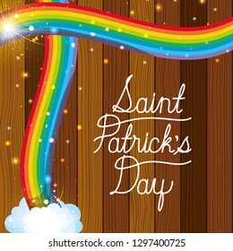 saint patricks day label with rainbow and wooden background