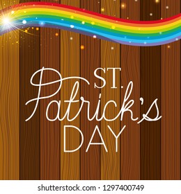 saint patricks day label with rainbow and wooden background