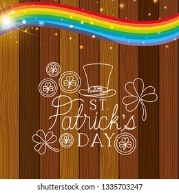 saint patricks day label with rainbow and wooden background