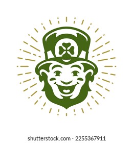 Saint Patrick's Day laughing Irish troll leprechaun in hat with green clover vintage icon vector flat illustration. Celtic culture fortune bearded troll bright portrait folklore fairy tale creature