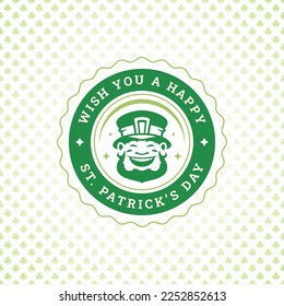 Saint Patrick's Day laughing troll leprechaun vintage greeting card typographic template vector illustration. Irish folklore lucky character portrait circle label green clover floral ornate background