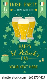 Saint Patrick's day leaflet with beer glasses, clover, luck pot for holiday. Vector isolated march poster. Party invitation flyer.