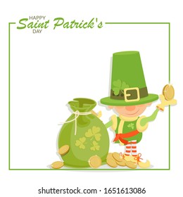 Saint Patrick's Day. Leprechaun, bag of cash, gold coins. Congratulation on a white background. Vector isolated illustration, postcard, frame, poster, banner, flyer.