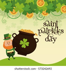 saint patricks day leprechaun carrying big pot coins golden lettering poster