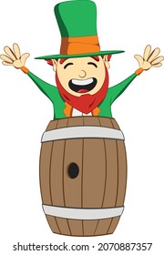 Saint Patricks Day leprechaun character. Leprechaun jumping out of a barrel. Green suite leprechaun celebrating Irish festival.