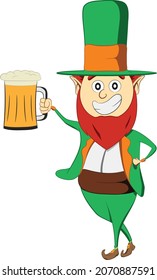 Saint Patricks Day leprechaun character. Holding a mug of fresh craft beer. Green suite leprechaun celebrating Irish festival.