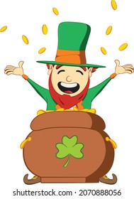 Saint Patricks Day leprechaun character. Sitting inside pot of gold coins falling from sky. Green suite leprechaun celebrating Irish festival.