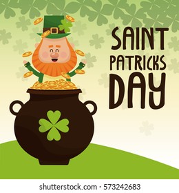 saint patricks day leprechaun happy tossing gold pot lettering poster