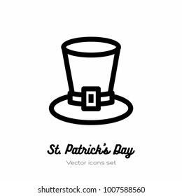 Saint Patricks day leprechaun hat, top hat vector icon. Black white line art flat icon for logo, sign, button. Minimalist st Patricks day menu, flyer, poster. Isolated Patrick leprechaun hat.