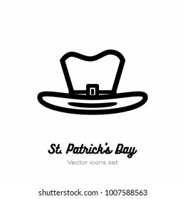Saint Patricks day leprechaun hat, top hat vector icon. Black white line art flat icon for logo, sign, button. Minimalist st Patricks day menu, flyer, poster. Isolated Patrick leprechaun hat.